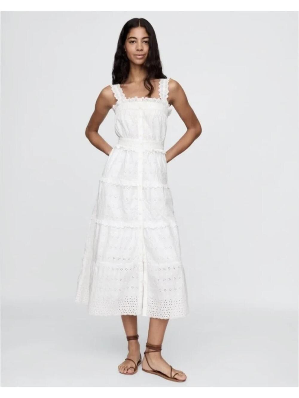 NWT Gap x DÔEN Cotton White Eyelet Tiered Midi Dress Size L